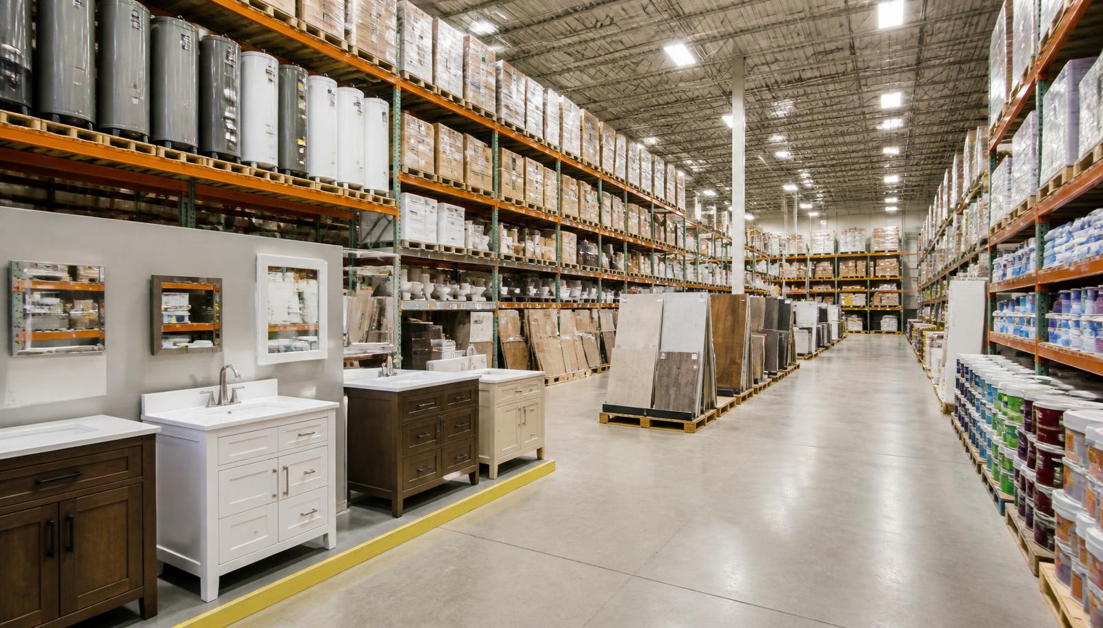 Builders Liquidators warehouse showroom filled with water heaters, vanities and flooring