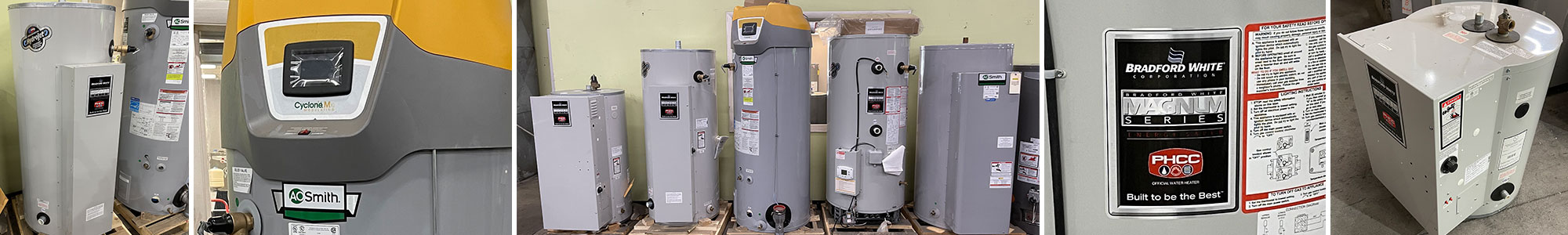 Collage photos of commercial water heaters in the building